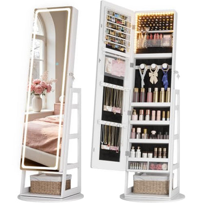 Standing Jewelry Cabinet Mirror with Adjustable LED Light White | 63" Lockable Jewelry Armoire Organizer with 4 Rear Shelves & Hooks, 360° Swivel, for Bedroom, Living Room, Women Girls Gift - color: White 1