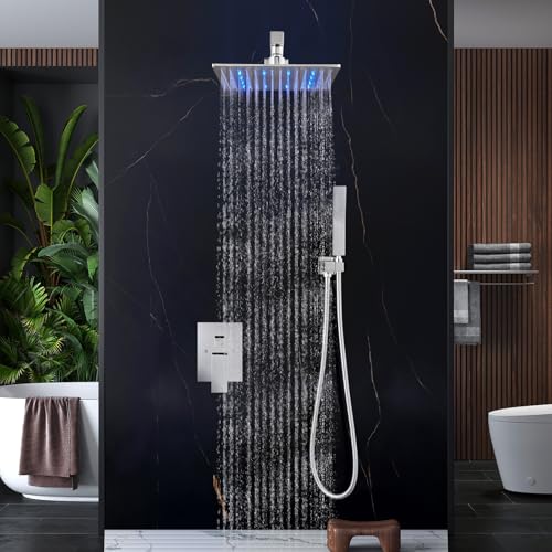 Aolemi Shower Faucet Set with Valve Handheld 10" LED Head Polish Chrome | Handheld Spray,10 Inch Rain LED Head,Valve and Trim Kit,All Metal,Wall Mount Shower System,Bathroom Mixer - color: Chrome, size: 10 Inch LED Shower Head