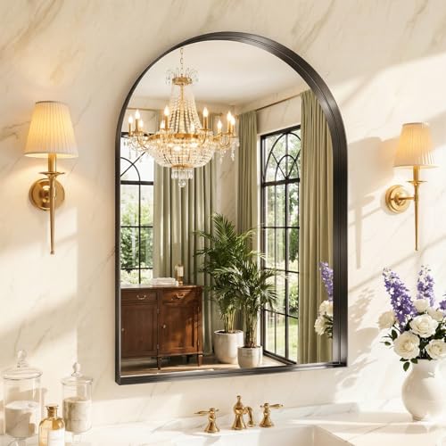 Arched Bathroom Mirror, 30"x36" Black Frame Mirror for Bathroom Sink, Arch Bathroom Vanity Mirror with HD Tempered Glass, Bedroom, Living Room, Entry Way, Vanity - color: Black-square Corner, size: 36"L x 30"W