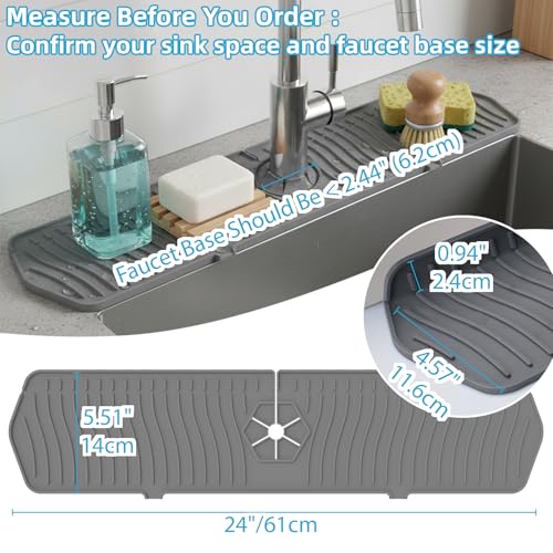 Silicone Faucet Handle Drip Catcher Drying Tray Mat Dish Soap Sponge Holder Accessories Gadgets for Kitchen Counter Bathroom Kitchen Sink Splash Guard (Gray, 24") - size: 24" x 5.5"