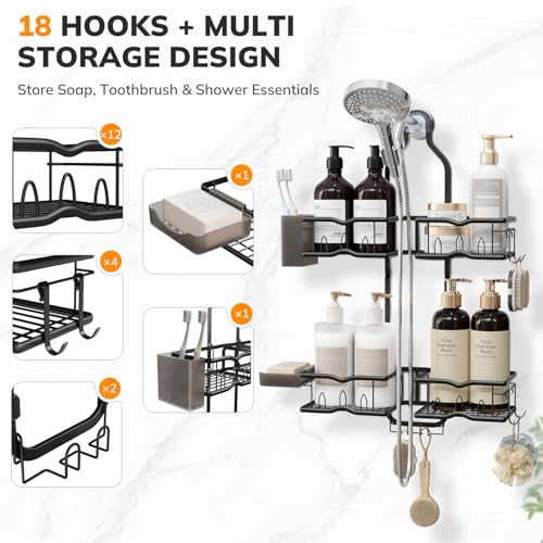 Heavy-Duty Shower Caddy Hanging for Handheld Showerhead, 2-Tier Adjustable Height Bathroom Organizer with 10 Hooks & Soap Holder, Rustproof Carbon Steel Anti-Swing Shower Shelves, Black