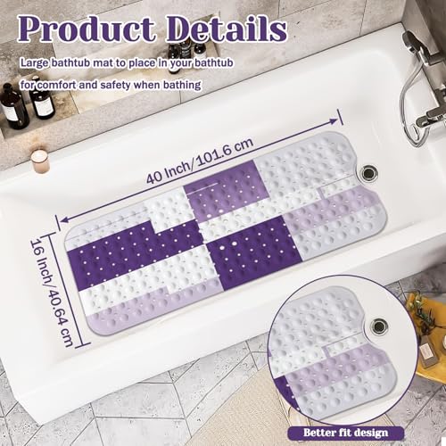 Purple Bath Tub Mat Non Slip, Modern Geometric Large Washable Shower Mats with Drain Holes and Suction Cups,40 X 16 Inch - color: Purple