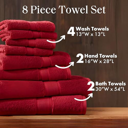 Madison Park 800GSM 100% Cotton Bathroom Bath Towel Set of 8, Bright Red | Long Staple, Highly Absorbent, Durable Hotel Spa Quality, Quick Dry, Double Stitched Hems, Lint Reducing, OEKO-TEX Certified - color: Bright Red, size: Multi-Sizes