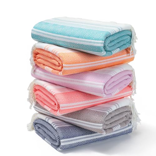 Genovega 6 Packs Oversized Turkish Beach Bath Towel Set Bulk 74"x38" Extra Large Sand Free Quick Dry Swim Camping Pool Clearance Towels Travel Blanket Adult Essentials Green Pink Red Stripe - color: Red Green Pink Stripe