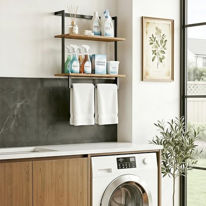Wall Mounted Towel Rack for Bathroom Rustic Brown | Bath Storage Holder, 3-Tier 15.7" Wide, Steel Wood Towel Shelf with Bar - color: Rustic Brown