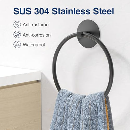 Matte Black Bathroom Towel Ring - SUS304 Stainless Steel Bathroom Towel Rack, Susswiff Adhesive Wall Mounted Hand Towels Holder, Towel Hanger for Bathroom Organizer, Kitchen Storage - color: Matte Black
