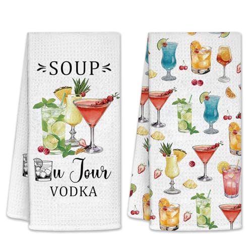 Funny Kitchen Towels, Liquor Hand Towels for Bathroom, Wine Gifts for Women, Men, Hand Tea Towels, Wine Accessories, Dish Towels for Birthday Christmas Thanksgiving Day 26x17 inch, 2 Pack - color: Wine-soup