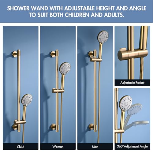 Adjustable 30-Inch Shower Slide Bar with 5-Function Handheld Shower Head, Stainless Steel Wall Mount Shower Slide Bar Set with Extra Hose (Brushed Gold) - color: Brushed Gold