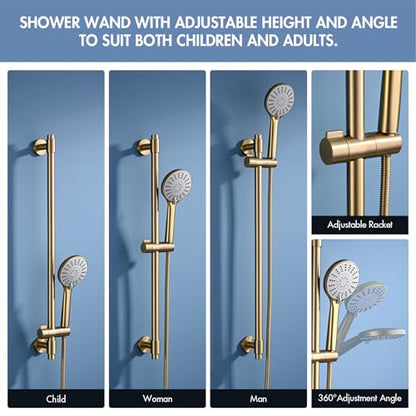 Adjustable 30-Inch Shower Slide Bar with 5-Function Handheld Shower Head, Stainless Steel Wall Mount Shower Slide Bar Set with Extra Hose (Brushed Gold) - color: Brushed Gold