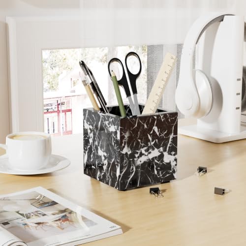 Rectangular Toothbrush Holder,Pencil Cup,3.9x3.9x3.9in,Black | Marble Pen Holders with Natural Patterns,Makeup Brush Organizer with Anti Slip Foot Pads,Stone Utensil Container for Office - color: Black