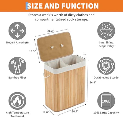 GarveeHome Folding Bamboo Laundry Hamper with Lid, 28 Gal / 106L Wooden Laundry Basket with Washable Liner Bag, Slim Clothes Storage Hamper for Small Bedrooms Apartments Dorms, Natural - color: Carbonized - Rectangle