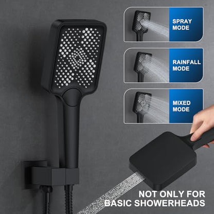 Bathtub Shower Faucet Set with Pressure Balance Valve, 12" Ceiling Mount Shower System with Tub Spout Multi-function Handheld Head Push Button Diverter Shower Trim Kit, Matte Black - color: Matte Black, style: 12"-Square-Tub-01