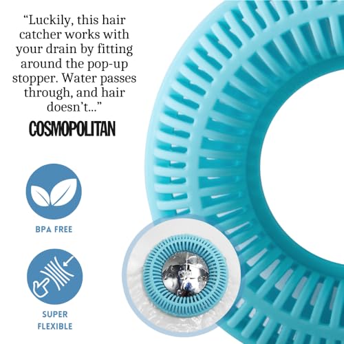 TubRing Pop-Up Drain Protector & Strainer Silicone Hair Catcher, Aqua | Easy snap-in design fits around bathtub stoppers. Customizable utility guard for clog prevention. Fits 1.85"- 2.16" drains. - color: Aqua