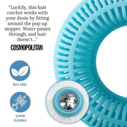 TubRing Pop-Up Drain Protector & Strainer Silicone Hair Catcher, Aqua | Easy snap-in design fits around bathtub stoppers. Customizable utility guard for clog prevention. Fits 1.85"- 2.16" drains. - color: Aqua