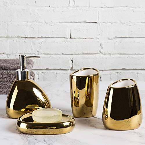 MyGift 4 Pcs Gold Bathroom Accessories Set with Toothbrush Holder, Soap Dispenser, Tumbler and Soap Dish, Bathroom Organizer Accessory for Modern Home Decor, Complete Ceramic