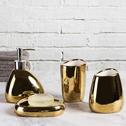 MyGift 4 Pcs Gold Bathroom Accessories Set with Toothbrush Holder, Soap Dispenser, Tumbler and Soap Dish, Bathroom Organizer Accessory for Modern Home Decor, Complete Ceramic