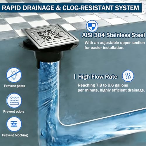 4 Inch Shower Drain, Square Shower Floor Drain Kit with Flange and Removable Cover Grate, AISI 304 Stainless Steel, Brushed Nickel - color: Brushed Nickel, size: 4 inches