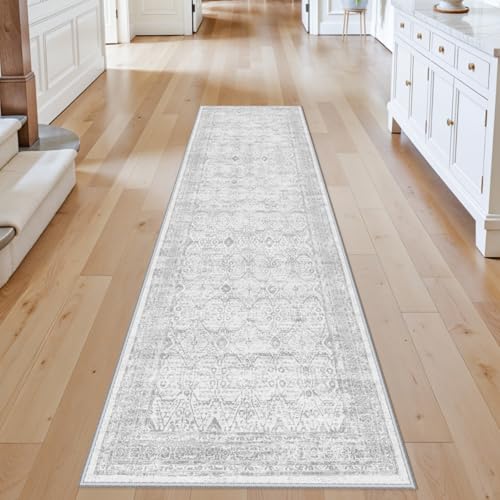 Runner Rug 2x8 Washable Hallway: Non Slip Kitchen Runners with Rubber Backing Boho Cream Vintage Farmhouse Neutral Soft Carpet for Bathroom Bedroom Entryway (Grey/Ivory 2x8 ft) - color: Grey, size: 2' x 8' (Rectangular)