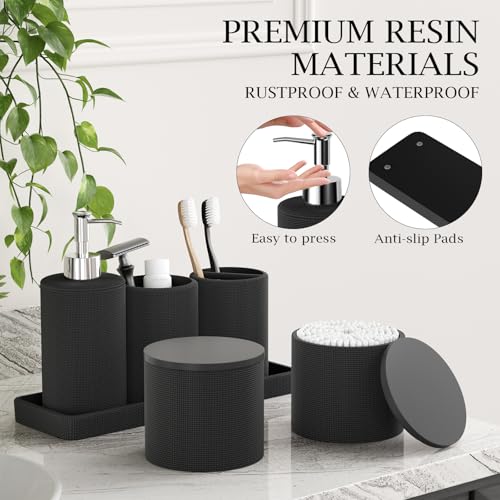 6-Piece Black Bathroom Set - Mesh Textured Resin Bathroom Accessories Set with Soap Dispenser, Toothbrush Holder, Cup, Vanity Tray & Apothecary Jars for Small Spaces - color: Black - Mesh Textured