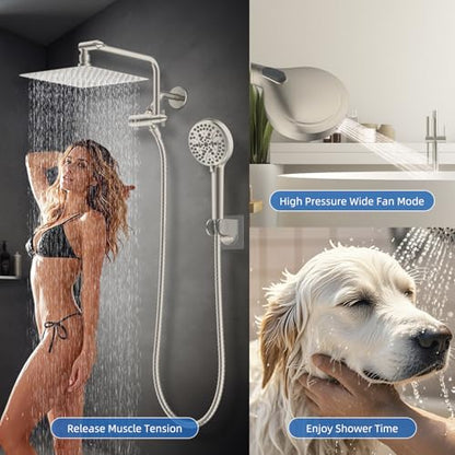 10" Metal Rainfall Shower Head with 10-Mode Handheld, Brushed Nickel | NSF/ANSI/CAN 372 Certified, High Pressure Showerhead Combo with 11" Adjustable Shower Arm, 71" Hose, Shower Head Holder - color: Brushed Nickel, style: Square 10"
