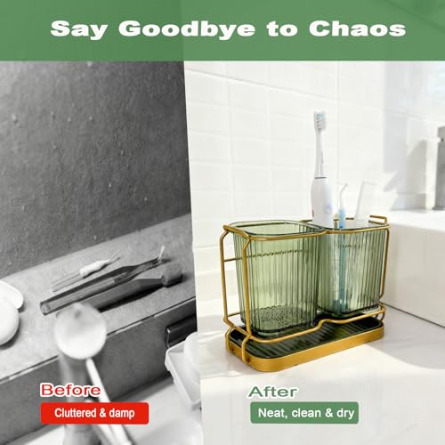 Green Toothbrush Holders for Bathrooms, 2 Cups Toothbrush Holders Wall Mounted, Bathroom Organizers and Storage, Bathroom Toothbrush Holder Set for Toothpaste Razors Toothbrush