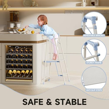 Foldable Toddler Tower, 2-in-1 Alloy Steel Kids Kitchen Step Stool & Adult 2-Step Ladder, Folding Kitchen Tower with Removable Safety Rail, Anti-Slip Steps for Kitchen & Bathroom - color: Soft Blue & Ivory
