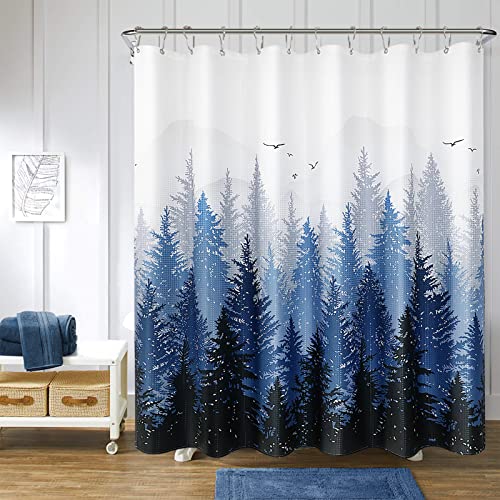 Hokibero Misty Forest Shower Curtain 72x90 Blue Shower Curtain Mountain Forest Nature Theme Extra Long Fabric Curtains for Bathroom Water Repellent Woodland - color: Blue, size: 72"W x 90"L (Pack of 1)