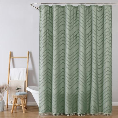 Extra Long Sage Green Boho Shower Curtain, Chic Tufted Chevron Striped Textured Cloth Fabric Shower Curtains with Tassel for Bathroom, Soft Hotel Style Farmhouse, Machine Washable, 72x96 - color: Sage Green, size: 72"W x 96"L (Pack of 1)