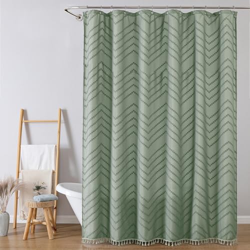 Extra Long Sage Green Boho Shower Curtain, Chic Tufted Chevron Striped Textured Fabric Cloth Shower Curtains with Tassel for Bathroom, Soft Hotel Style Farmhouse, Machine Washable, 72x84 - color: Sage Green, size: 72"W x 84"L (Pack of 1)