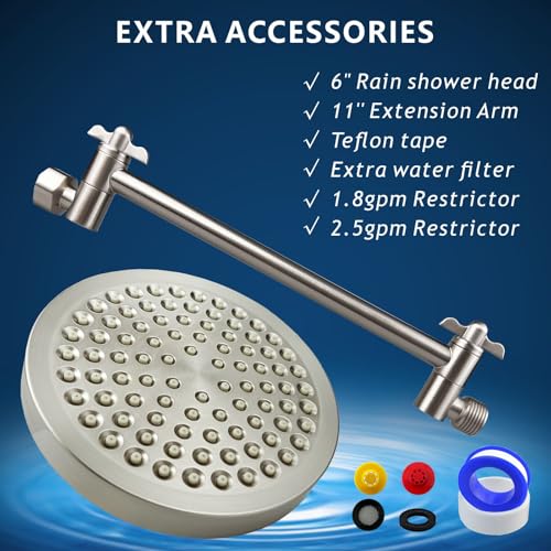 High Pressure Rain Shower Head with 11'' Extension Arm - High Flow Rainfall Showerhead - Luxury Modern Look - Pressure Boosting (Round, Brushed Nickel) - color: Brushed Nickel, style: 6" Round