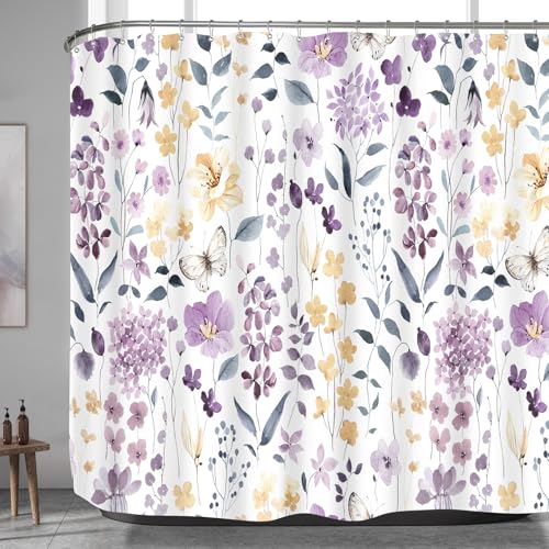 Extra Wide Floral Shower Curtain 108 x 72 for Claw Foot Tub, Purple Flower | Modern Lavender Watercolor Floral 108 inch Long Shower Curtain Set with 18 Pack Plastic C-Hooks - color: Purple, size: 108"W x 72"L (Pack of 1)