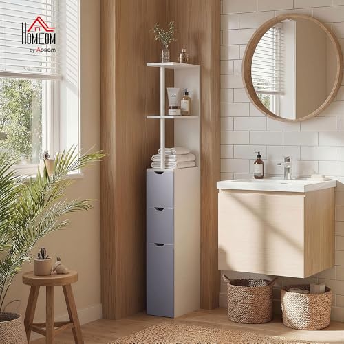 HOMCOM 54" Tall Bathroom Storage Cabinet, Freestanding, 2-Tier Shelf, White | Linen Tower, Drawers, Narrow Side Floor Organizer - color: White
