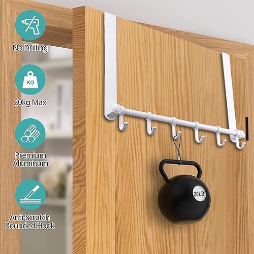 MGahyi White Over The Door Hooks, Over The Door Towel Rack | 6 Sliding Adjustable Hooks, Aluminum Sturdy Rustproof, No-Drilling Anti-Scratch, for Bathroom Bedroom Closet - color: White