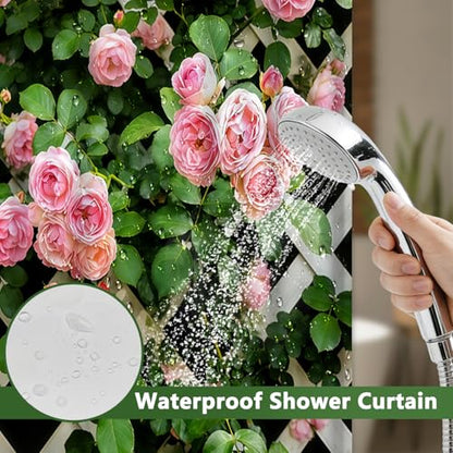 No Hook Floral Shower Curtain with Liner, Washable Cloth Fence Pink Roses Shower Curtain with Mesh Top Window and Weighted Bottom, Waterproof Fabric Summer Shower Curtains for Bathroom, 71"W x 74"L - color: Fence Rose