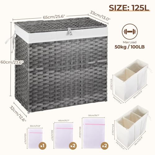 Greenstell Laundry Hamper with Lid, 125L Wicker Laundry Baskets with 2 Removable Liner Bags & 5 Mesh Laundry Bags, Handwoven Rattan Clothes Hamper with Handles for Clothes in Bathroom, Bedroom - color: Light Gray