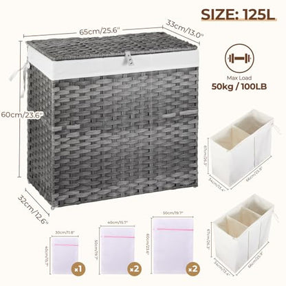 Greenstell Laundry Hamper with Lid, 125L Wicker Laundry Baskets with 2 Removable Liner Bags & 5 Mesh Laundry Bags, Handwoven Rattan Clothes Hamper with Handles for Clothes in Bathroom, Bedroom - color: Light Gray