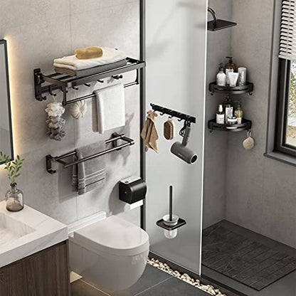 24 Inch Towel Rack with Towel Bar Holder Foldable Towel Shelf with Movable Hooks Rustproof Towel Storage wall Mount for Bathroom Lavatory Matte Black - color: Matte Black