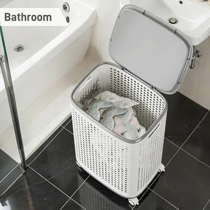 Rolling Plastic Laundry Basket with Lid, Ventilated, White (2-Pack, Large) | Storage basket. Sturdy & versatile. With wheels & handle. Ideal for laundry room, dorm, bathroom, bedroom, RV, apartment - size: Large (2-Pack)
