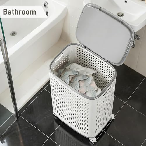 Plastic Laundry Basket on Wheels with Lid & Handle, Medium | Ventilated,rolling clothes hamper, storage for laundry room, dorm,bathroom, bedroom, playroom, game room, lightweight, White - size: Medium