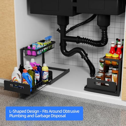 2-Tier Under Sink Slide Out Organizer, Pull Out Cabinet Storage Shelf with Sliding Wire Basket Drawer for Bathroom Kitchen, Countertop or Pantry Shelf, Black