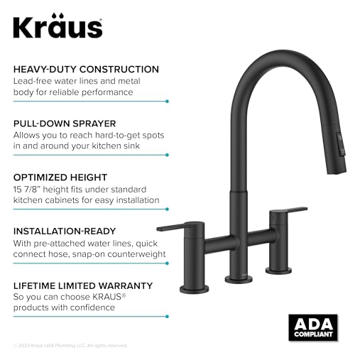 KRAUS Oletto Bridge Kitchen Faucet with Pull-Down Sprayhead in Matte Black, KPF-3122MB - color: Matte Black, style: Bridge Faucet