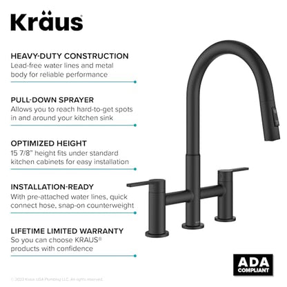 KRAUS Oletto Bridge Kitchen Faucet with Pull-Down Sprayhead in Matte Black, KPF-3122MB - color: Matte Black, style: Bridge Faucet