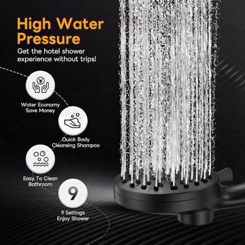 High Pressure Handheld Shower Head Matte Black- Anti-clog Nozzles, Built-in Power Wash to Clean Tub, Wall & Overhead Brackets,Magnetitc Rainfall Showerhead hand held - color: Black