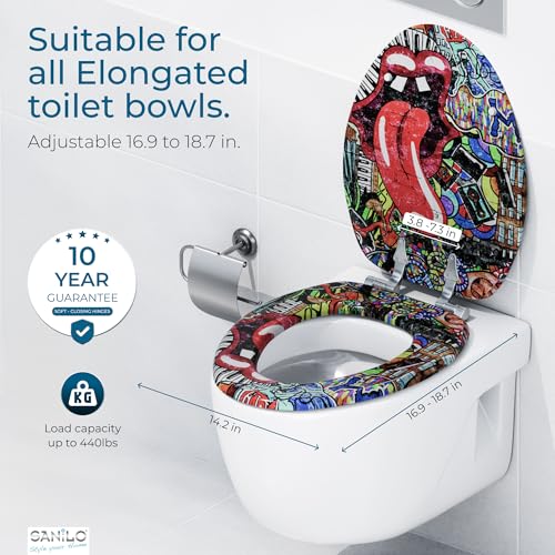 SANILO Wooden Toilet Seat with Soft Close [ELONGATED] - Decorative, Quiet & Slow Close Molded Wood Seat - With Strong Bumpers & Hinges - Adjustable Fit - Graffiti - color: Graffiti
