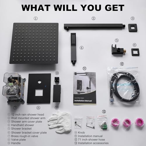 Matte Black Shower System with 12-Inch Rain Showerhead and Handheld | Innovative air-injection technology for low pressure, high-flow rate up to 3.22 GPM ensuring powerful consistent stream - color: Matte Black, style: 12"-Without Tub Spout