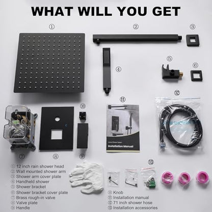 Matte Black Shower System with 12-Inch Rain Showerhead and Handheld | Innovative air-injection technology for low pressure, high-flow rate up to 3.22 GPM ensuring powerful consistent stream - color: Matte Black, style: 12"-Without Tub Spout