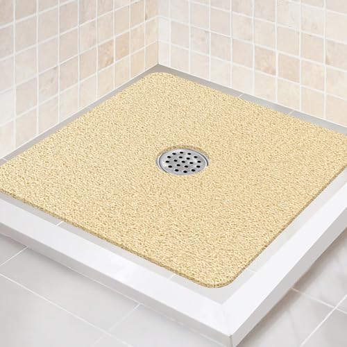 Shower Mat Non Slip,27 x 27 Inch Extra Large Bath Mat with Drain,Soft Square Loofah Shower Stall Mat Bathtub Mat for Bathroom,Without Suction Cups (Beige Yellow) - color: Beige Yellow
