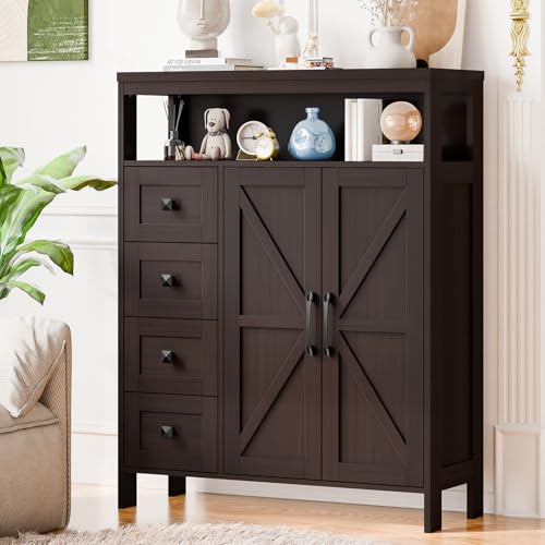 Vabches Farmhouse Storage Cabinet with 2 Doors and 4 Drawers, Espresso | Freestanding Bathroom Compartment Kitchen Pantry Cabinet, Floor Cupboard for Kitchen/Living Room/Bathroom - color: Espresso, style: 4 Drawers Ⅱ