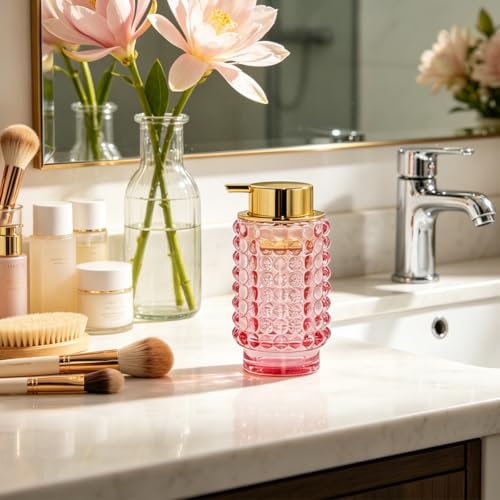 Glass Foaming Soap Dispenser, Pink Foam Hand Soap Dispenser, Bathroom 12 Oz Large Bottle with Gold Pump, Refillable Lotion Pump Container for Bathroom, Kitchen,Hand Soap, Dish Soap, Shampoo - color: Pink