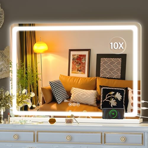 Hasipu Vanity Mirror with Lights, 27.6" x 20" LED Makeup Mirror, Lighted Makeup Mirror with Dimmable 3 Modes, Touch Screen Control Vanity Mirror Round White - color: White, size: 27.6"L x 20"W